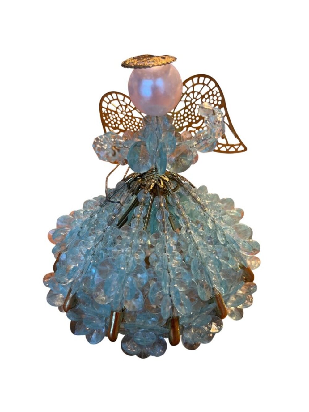 Vtg MCM Teal Safety Pin Beaded Angel Figurine Ornament